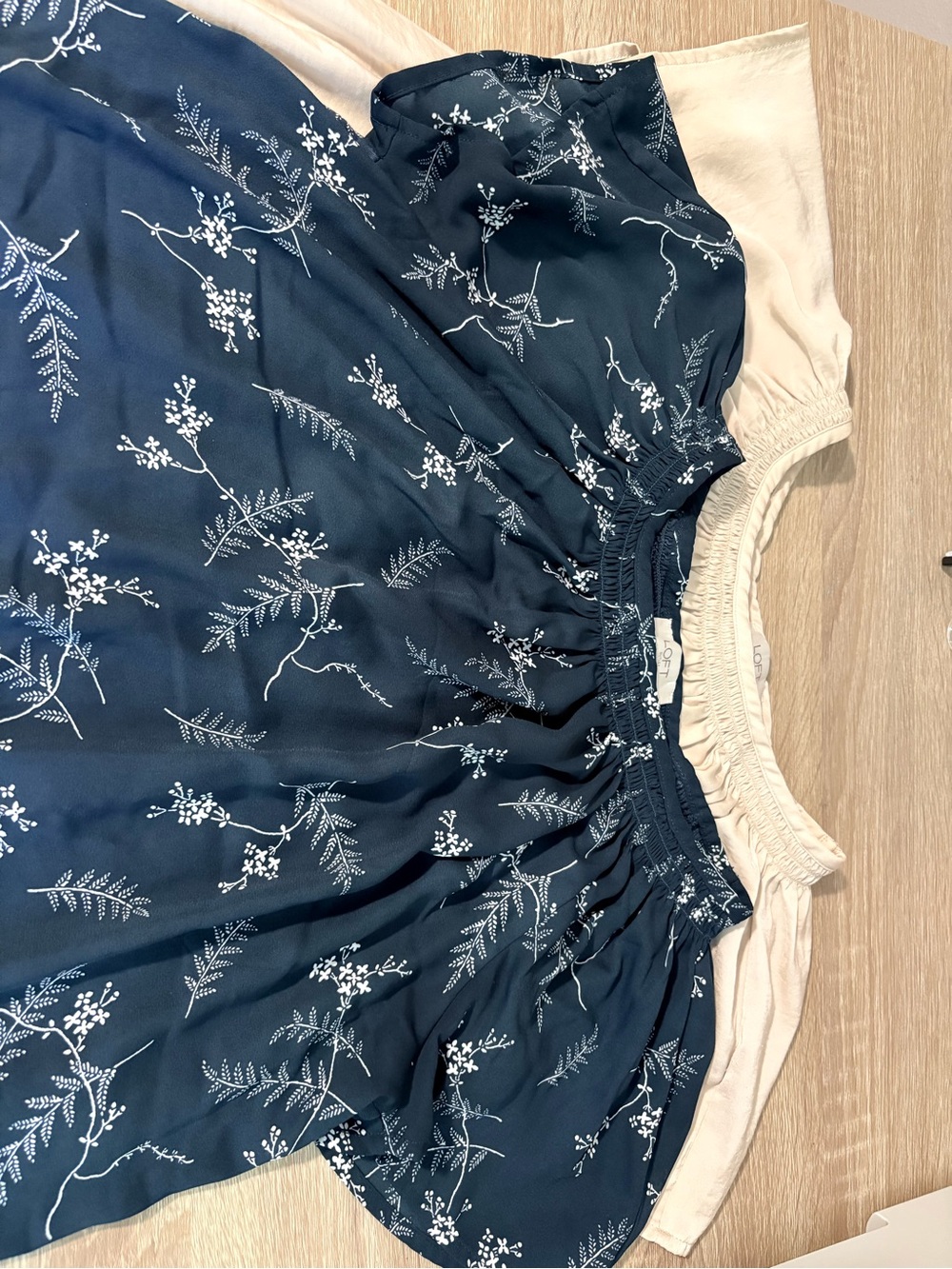 LOFT Navy Floral Off-the-Shoulder Blouse with Cream Accents